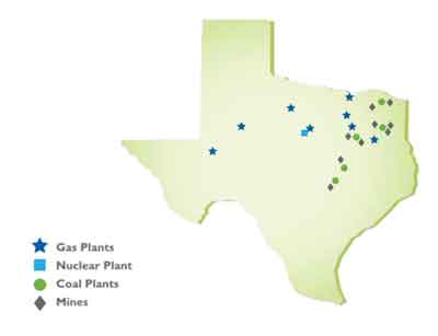 A map of Luminant’s mine holdings and plants in central and eastern Texas.